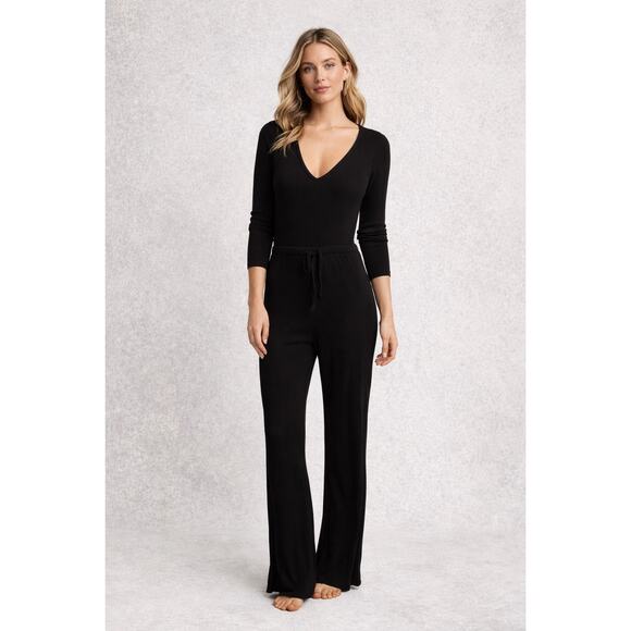 Beyond Yoga Pants - Beyond Yoga Ribbed Jumpsuit Black V-Neck Lounge Athleisure Minimalist Size M
